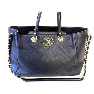Chanel Small Shopping Bag Leather Coco Mark 2Way Tote Black